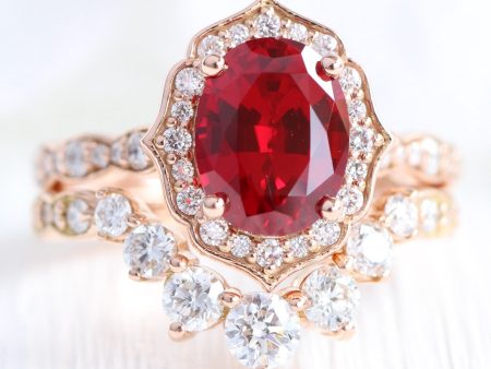 Large Vintage Floral Oval Ruby Ring Set w  Large 7 Diamond U Shaped Scalloped Band For Cheap