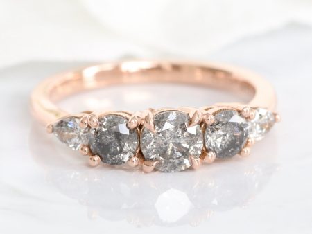 1.33 Ct Salt and Pepper Diamond Ring in 14k Rose Gold 5 Stone Cluster Ring Size 6.5 For Sale