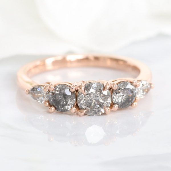 1.33 Ct Salt and Pepper Diamond Ring in 14k Rose Gold 5 Stone Cluster Ring Size 6.5 For Sale