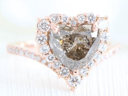 3.20 Ct Salt and Pepper Diamond Ring in 14k Rose Gold Tiara Halo Heart Ring, Size 6.5 For Sale