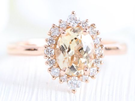 1.61 Ct Champagne Yellow Sapphire Ring in 14k Rose Gold Tiara Oval Halo Diamond, Size 6.25 Hot on Sale