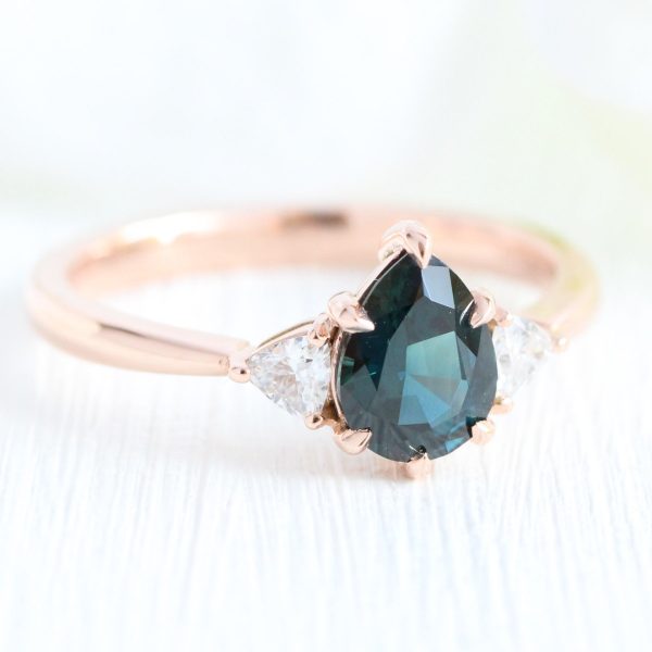 1.27 Ct Pear Teal Green Sapphire Ring in 14k Rose Gold 3 Stone Ring, Size 6.25 Hot on Sale