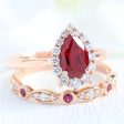 Tiara Halo Bridal Set w  Pear Ruby and Bezel Scalloped Wedding Band on Sale