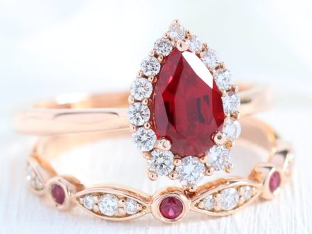 Tiara Halo Bridal Set w  Pear Ruby and Bezel Scalloped Wedding Band on Sale