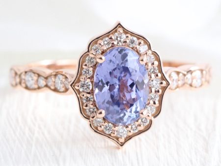 1.7 Ct Lavender Purple Sapphire Ring in 14k Rose Gold Vintage Floral Diamond, Size 6.5 For Sale