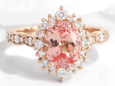 Large Oval Peach Sapphire Ring in 14k Rose Gold Tiara Halo Diamond Band Size 6.25 Cheap