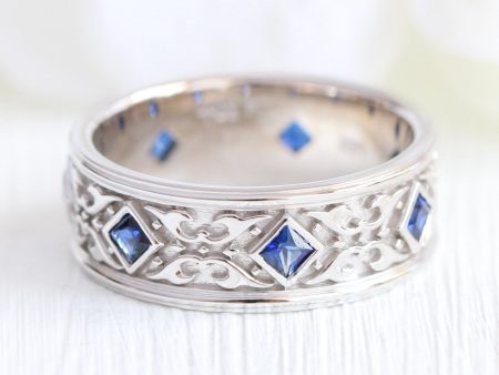 Celtic Knot Princess Cut Sapphire Ring in Solid Gold Men s Wedding Band 8mm on Sale