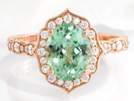 Large Oval Green Sapphire Ring in 14k Rose Gold Vintage Halo Diamond Size 6.25 Supply