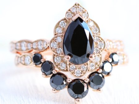 Vintage Floral Black Diamond Pear Ring w  Large 7 Diamond Curved Scalloped Band Online Sale