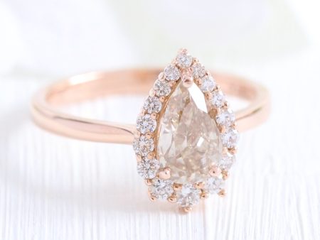 1.33 Ct Pear Champagne Diamond Ring in 14k Rose Gold Tiara Halo, Size 6.5 Online Hot Sale