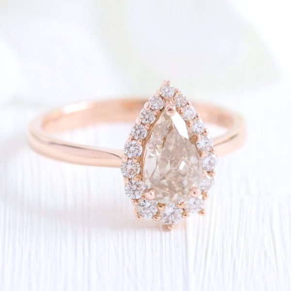 1.33 Ct Pear Champagne Diamond Ring in 14k Rose Gold Tiara Halo, Size 6.5 Online Hot Sale