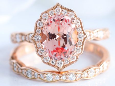 Large Vintage Floral Oval Ring Set w  Champagne Peach Sapphire and Diamond on Sale