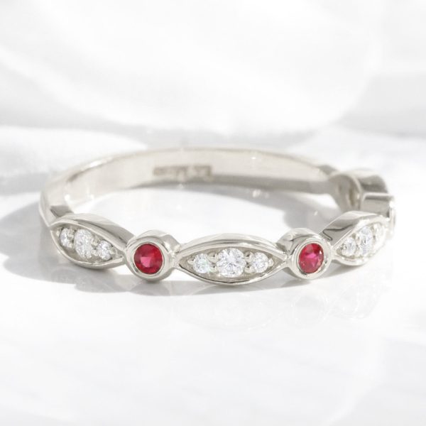 Ruby and Diamond Wedding Band in Scalloped Bezel Ring Online now