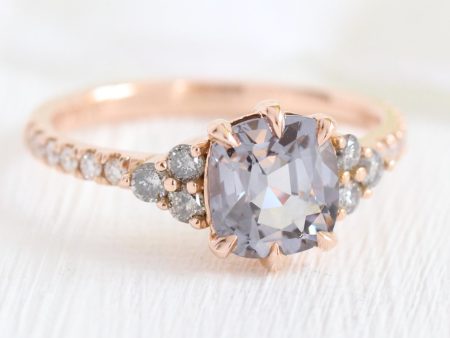 Cushion Grey Spinel Diamond Ring in 14k Rose Gold 3 Stone Pave Band, Size 6.25 Online Sale