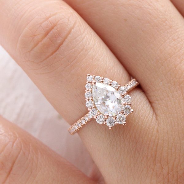 Large Pear Moissanite Diamond Ring in 14k Rose Gold Tiara Halo Pave Band, Size 6.25 For Sale