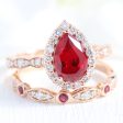 Luna Halo Pear Ring Bridal Set w  Ruby and Diamond Bezel Wedding Band For Discount