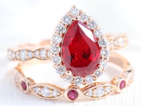 Luna Halo Pear Ring Bridal Set w  Ruby and Diamond Bezel Wedding Band For Discount