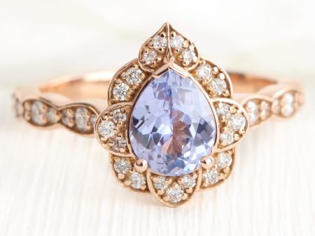 1.32 Ct Pear Lavender Sapphire Ring in 14k Rose Gold Vintage Floral Diamond, Size 6.25 For Sale