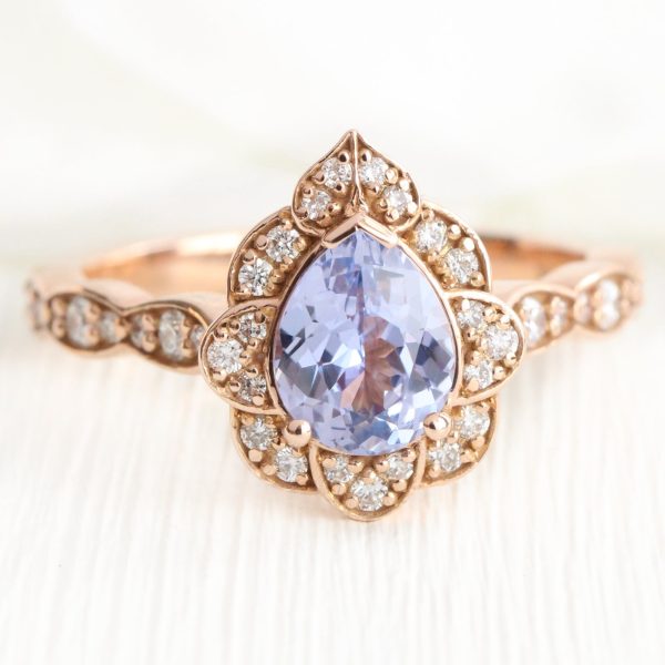 1.32 Ct Pear Lavender Sapphire Ring in 14k Rose Gold Vintage Floral Diamond, Size 6.25 For Sale