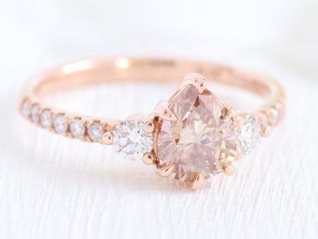 1.29 Ct Pear Champagne Diamond Ring in 14k Rose Gold 3 Stone Pave Band, Size 6.5 Sale