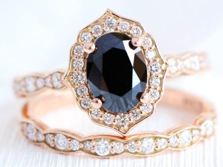 Vintage Floral Black Diamond Ring Set w  Oval Diamond and Matching Wedding Band Online