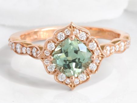 Green Sapphire Diamond Ring in 14k Rose Gold Mini Vintage Floral Size 6.5 Discount