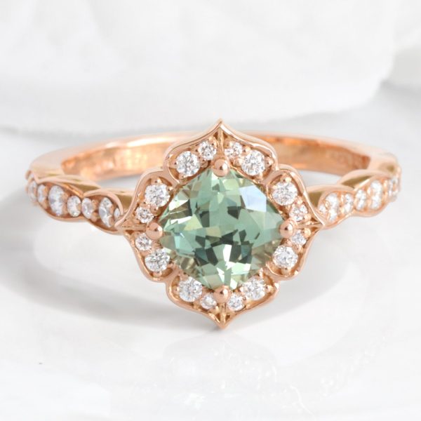 Green Sapphire Diamond Ring in 14k Rose Gold Mini Vintage Floral Size 6.5 Discount