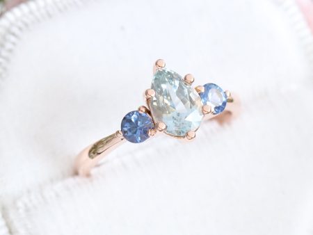 Pear Aqua Blue Sapphire Engagement Ring in 14k Rose Gold 3 Stone Ring, Size 6.25 For Cheap