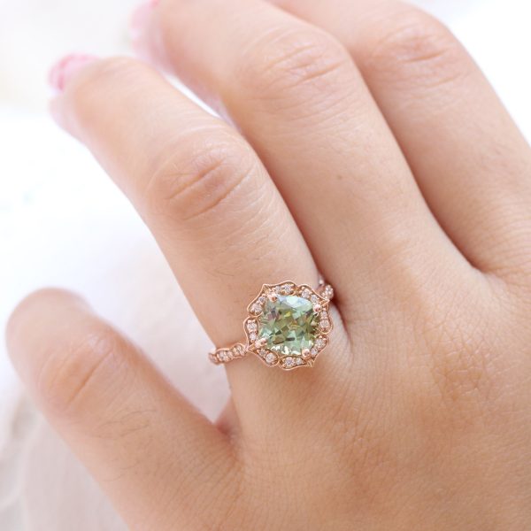 Large Cushion Green Sapphire Ring in 14k Rose Gold Vintage Halo Diamond Size 6.25 Online now