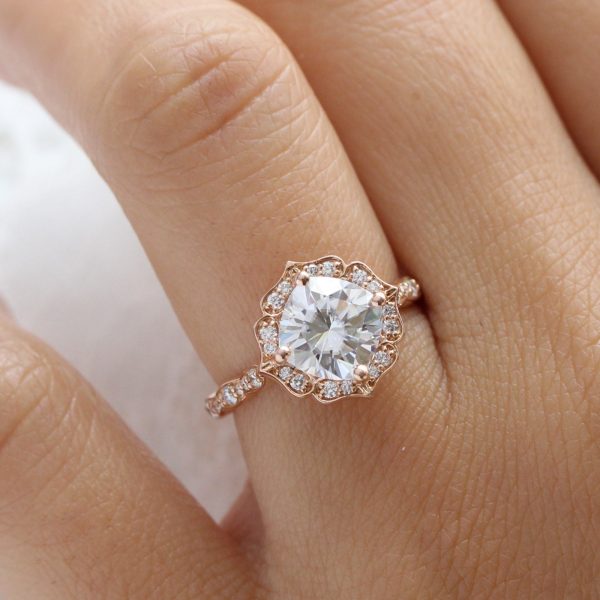 Large Cushion Moissanite Ring in 14k Rose Gold Vintage Floral Diamond, Size 6.25 Discount