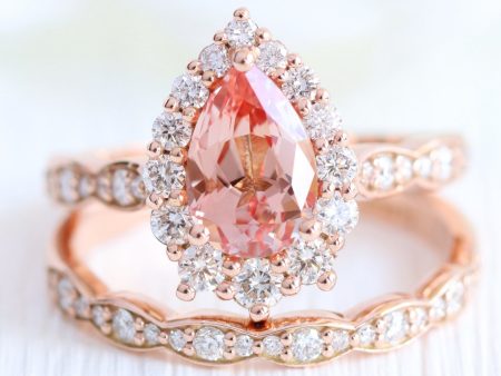 Large Tiara Halo Pear Ring Set w  Champagne Peach Sapphire and Diamond Online Hot Sale