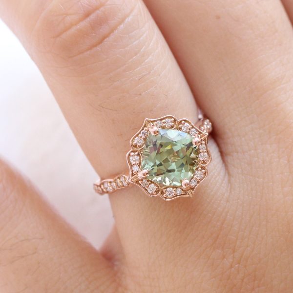 Large Cushion Green Sapphire Ring in 14k Rose Gold Vintage Halo Diamond Size 6.25 Online now