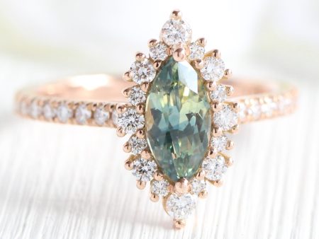 1.51 Ct Marquise Green Sapphire Ring in 14k Rose Gold Tiara Halo Diamond, Size 6.25 Discount