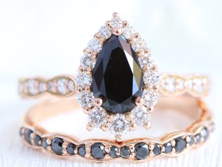 Tiara Halo Pear Black Diamond Ring Set w  Matching Diamond Scalloped Wedding Band Discount