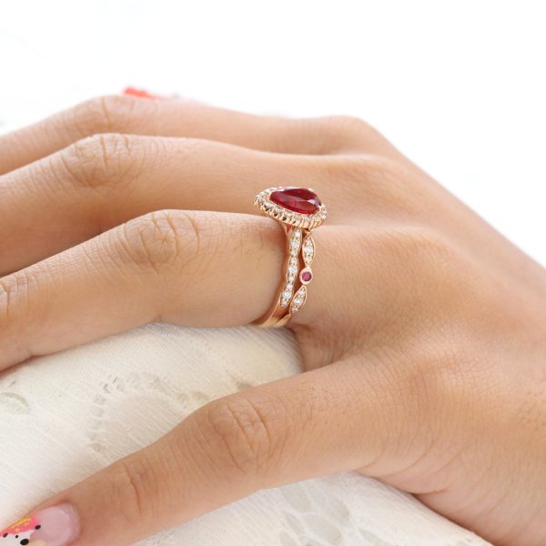 Luna Halo Pear Ring Bridal Set w  Ruby and Diamond Bezel Wedding Band For Discount