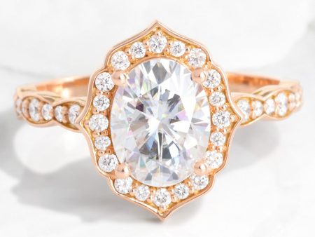 Large Oval Moissanite Ring in 14k Rose Gold Vintage Floral Diamond, Size 7.5 Online Hot Sale