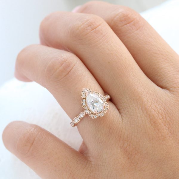 Large Pear Moissanite Ring in 14k Rose Gold Vintage Floral Diamond, Size 6.25 Sale