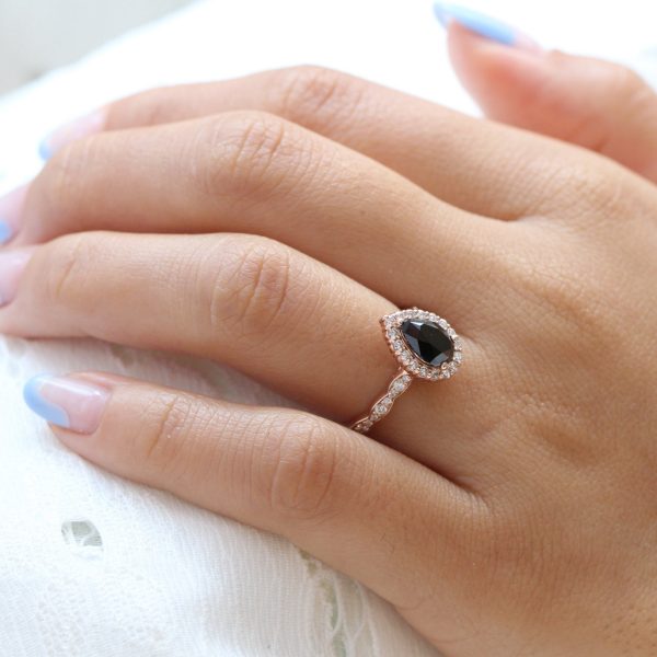 Pear Black Diamond Engagement Ring in Luna Halo Scalloped Diamond Band For Sale