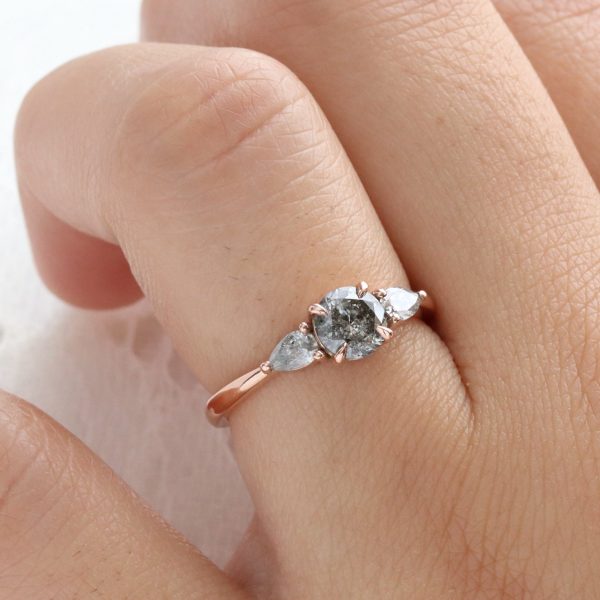 1.00 Ct Salt and Pepper Diamond Ring in 14k Rose Gold Low Set 3 Stone Ring Size 6.5 Online now