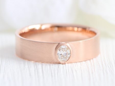 Bezel Set Oval Diamond Ring in Solid Gold Wide Wedding Band Supply