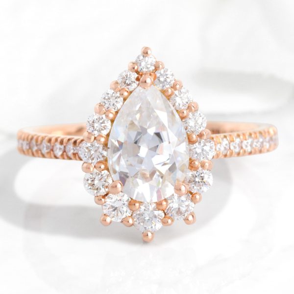 Large Pear Moissanite Diamond Ring in 14k Rose Gold Tiara Halo Pave Band, Size 6.25 For Sale