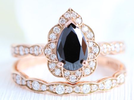 Vintage Floral Black Diamond Ring Set w  Pear Diamond and Matching Wedding Band Online now