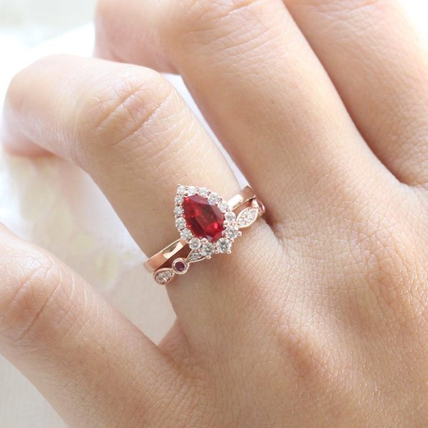 Tiara Halo Bridal Set w  Pear Ruby and Bezel Scalloped Wedding Band on Sale