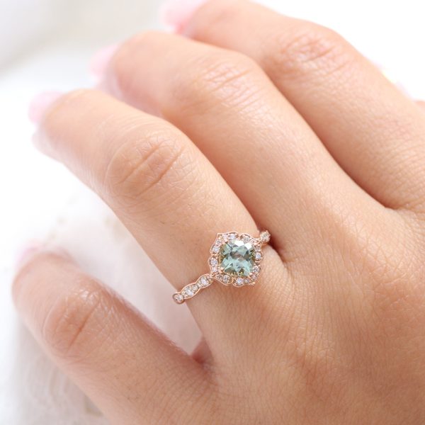 Green Sapphire Diamond Ring in 14k Rose Gold Mini Vintage Floral Size 6.5 Discount