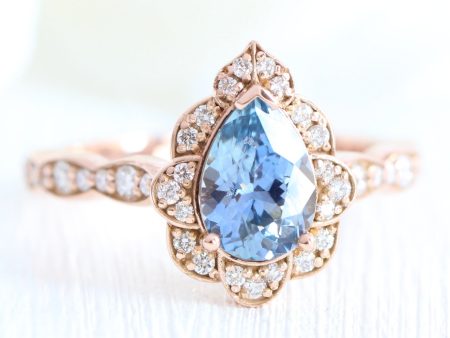 1.65 Ct Aqua Blue Sapphire Ring in 14k Rose Gold Vintage Floral Diamond, Size 6.25 Fashion