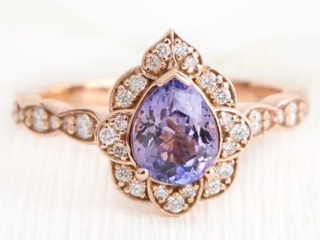 1.55 Ct Pear Purple Sapphire Ring in 14k Rose Gold Vintage Floral Diamond, Size 6.25 Online