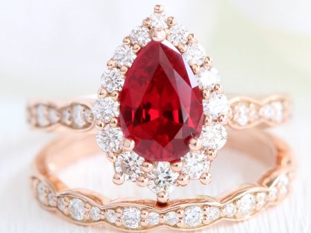 Large Tiara Halo Pear Ruby Ring Set w  Scalloped Diamond Wedding Band Online Sale