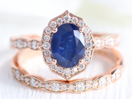 Vintage Floral Oval Ring Bridal Set w  Natural Sapphire and Diamond in Scalloped Band Online