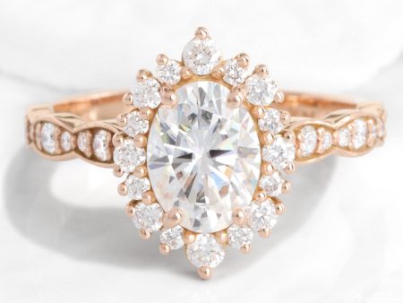 Oval Moissanite Engagement Ring in Tiara Halo Diamond Scalloped Band Cheap