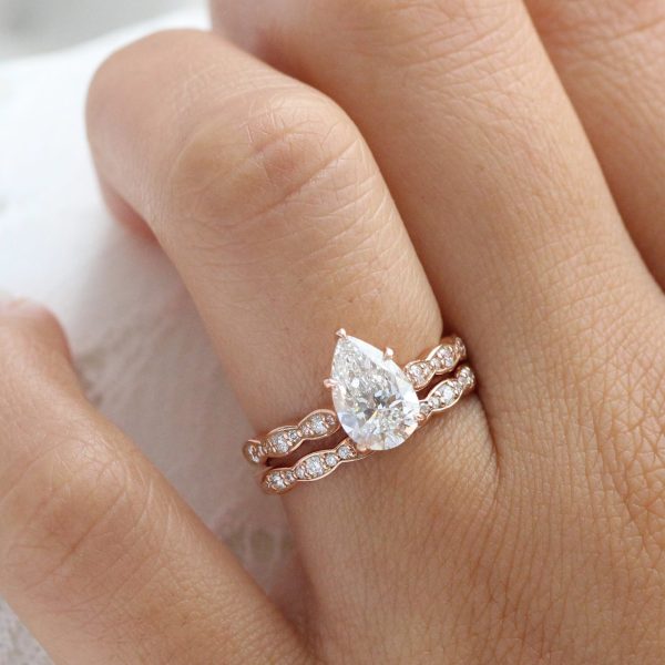 1.98 Ctw Pear Diamond Ring Stack w  Lab Diamond and Matching Wedding Band For Sale